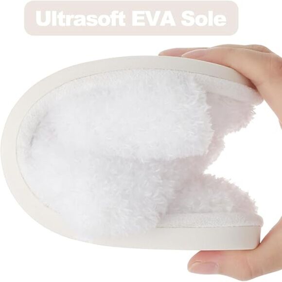 Women's Fuzzy Slippers Cross Band Velvet White Memory Foam House Slippers - Picture 5 of 6